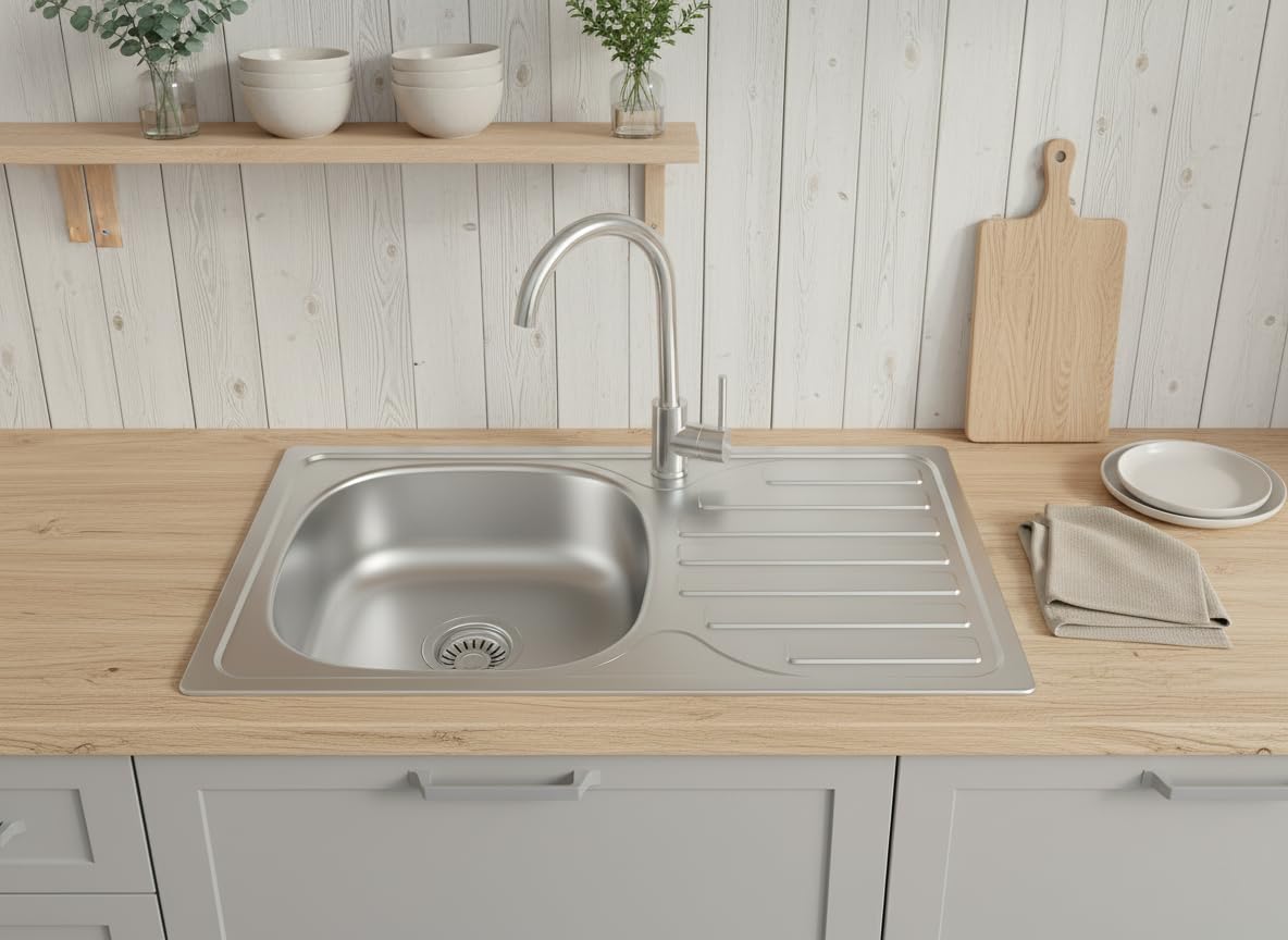 Faizee Home | Edelstahlspüle 76x44 cm – Hochwertige Einbauspüle für die Küche | Mit Armatur & Siphon-Set | Pflegeleichtes Spülbecken für moderne Küchen