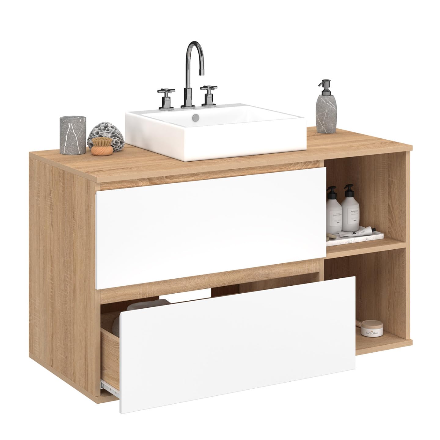 IDMarket - Lavabo colgante TOMI con 2 cajones y 2 nichos en haya y blanco