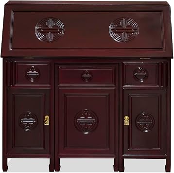 Dark Cherry Rosewood Longevity Design Asian Secretaire with Chair