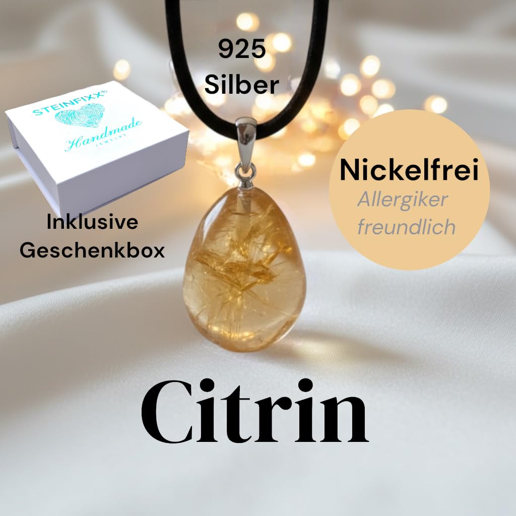 Echter Citrin Edelsteinanhänger mit 925 Silberöse I hochglanzpolierter Citrin Naturstein I Tropfenanhänger I AAA-Qualität I starker Heilstein I mit 80 cm Wildlederband und Geschenkbox I Brasilien