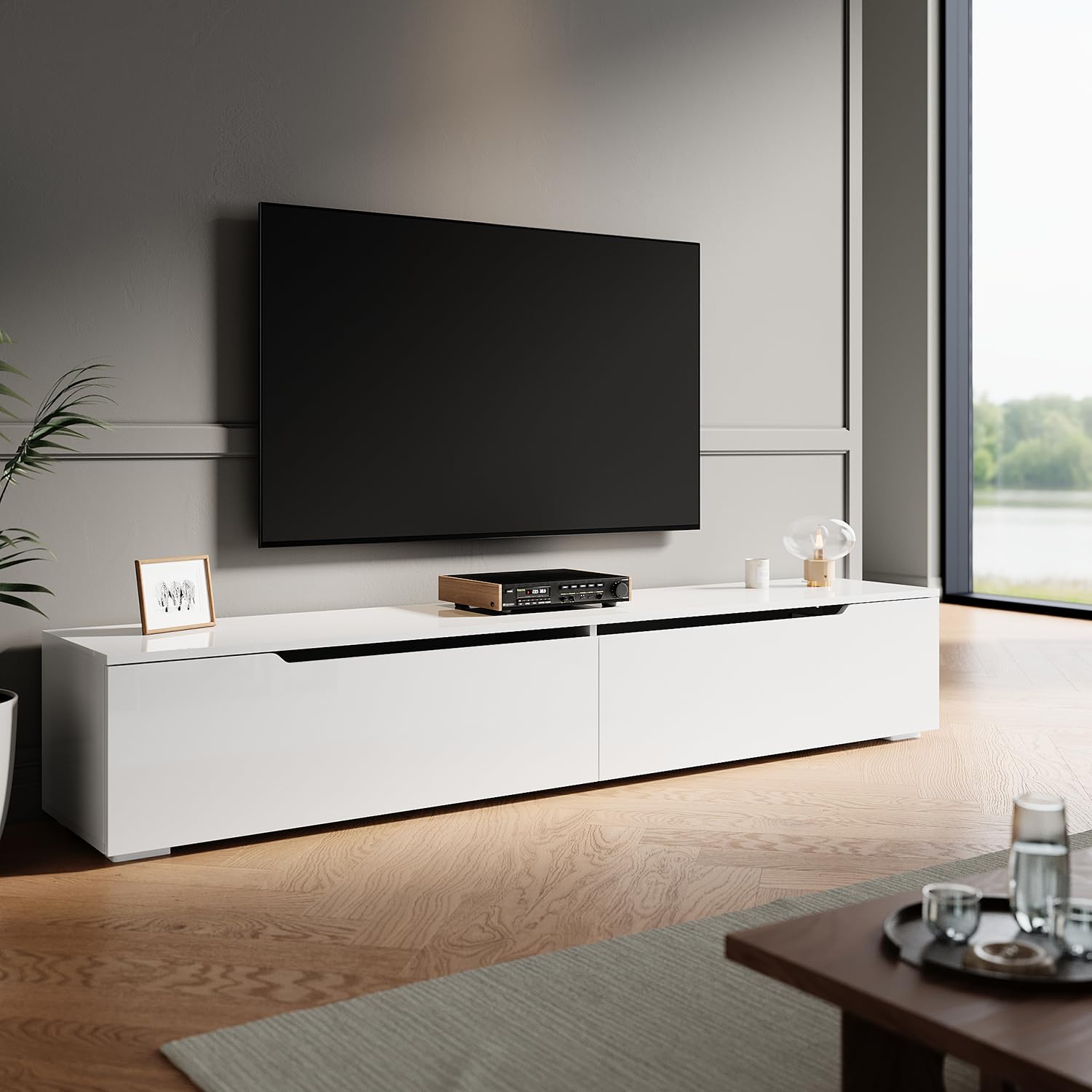 ZANOFIRA Floating TV Stand Cabinet Unit with 16 RGB LED Lighted, High Gloss White Wall Mounted TV Cabinet with Pull-Down Door, Modern TV Stand with Storage Shelves for Living Room, 2000x350x300mm
