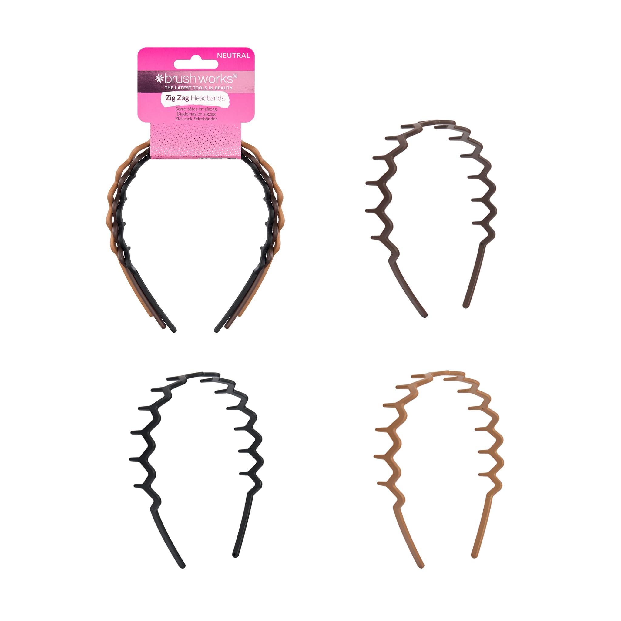 Brushworks Neutral Zig Zag Headbands – 3 Pack | Stylish Wavy Hair Bands for Women & Girls | Comfortable, Non-Slip, Everyday Hair Accessories