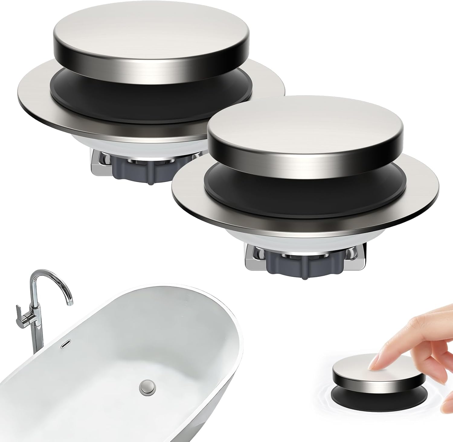 Hibbent 2 Pack 3 in 1 Metal Bathtub Drain Stopper, Bathtub Hair Catcher | Universal Pop Up Tub Stopper, Removable & Anti-Clogging Filter Basket, Fit 1.5''-2.4'' Drain, Brass Core, Brushed Nickel