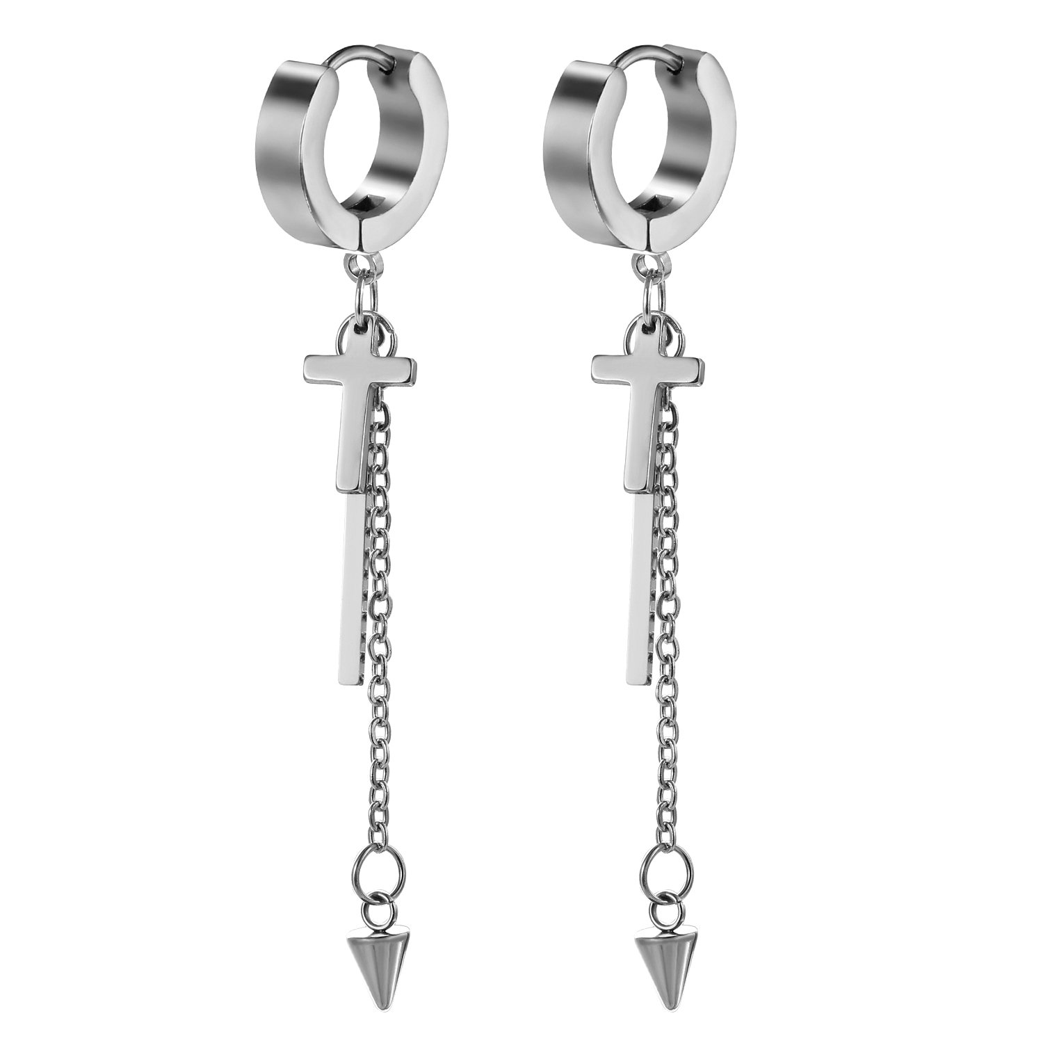 JewelryWe Pendientes de aro para hombre y mujer, con colgante de cruz de acero inoxidable, color plateado, dorado y negro plateado