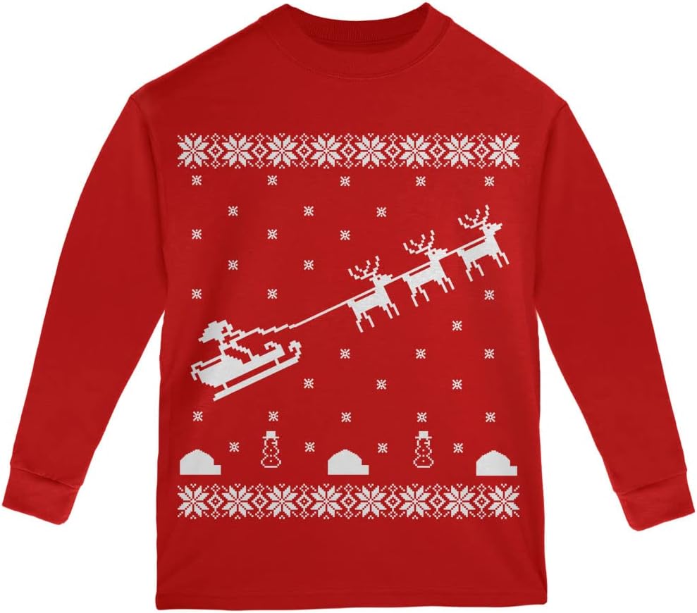 Flying Santa Sleigh Ugly Xmas Sweater Red Youth Long Sleeve T-Shirt - Youth X-Large
