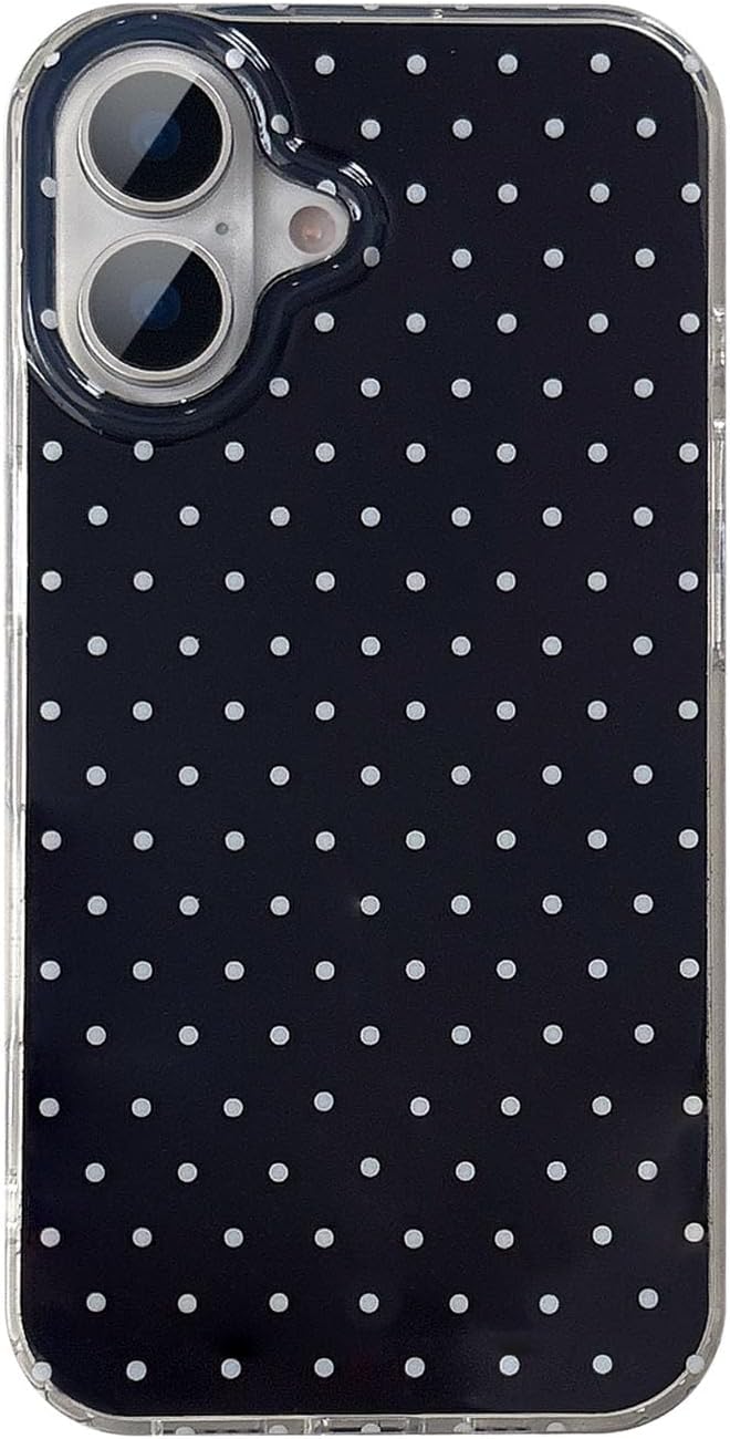 for iPhone 16 Case, Cute Polka Dot Pattern Aesthetic Phone Case, Raised Camera Protection Durable TPU Slim Shockproof Protective Phone Cover for Girls Women - Black