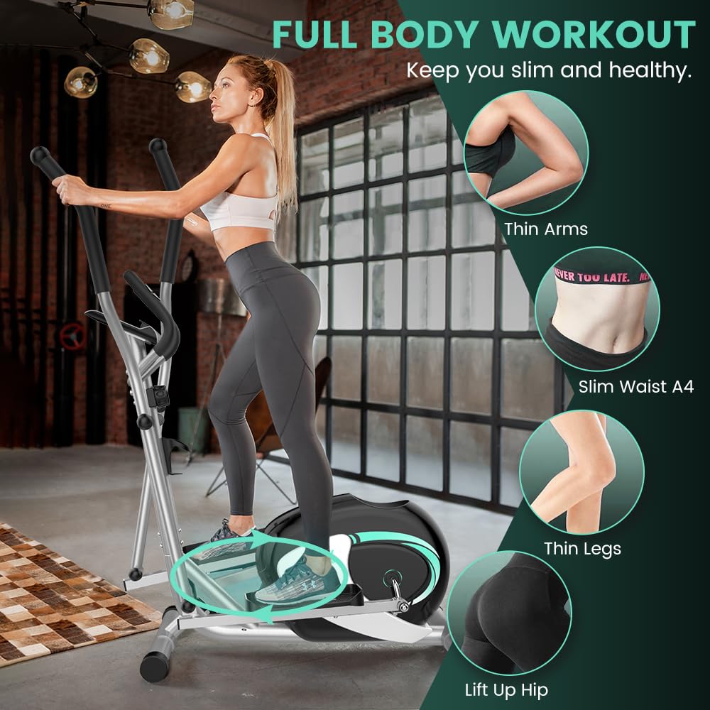 Dripex Crosstrainer für zuhause, Magnetisch Ellipsentrainer, Ultraleiser Crosstrainer mit 16-stufiger Widerstand, 6KG Schwungrad, Pulssensor, LCD Monitor, Gerätehalterung, Transporträder (Grün)