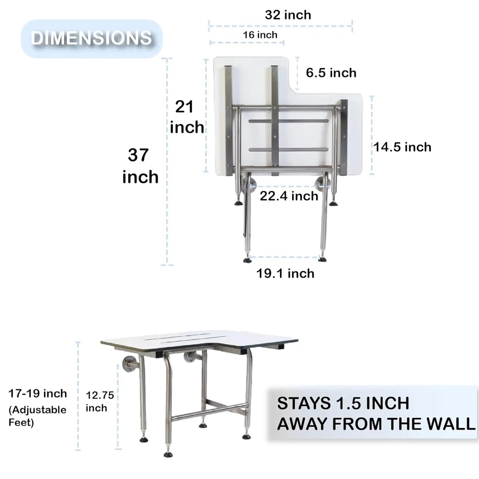 Asiento de Ducha Plegable Montado en la Pared Patas Acero Inoxidable a Derecha para Personas Mayores