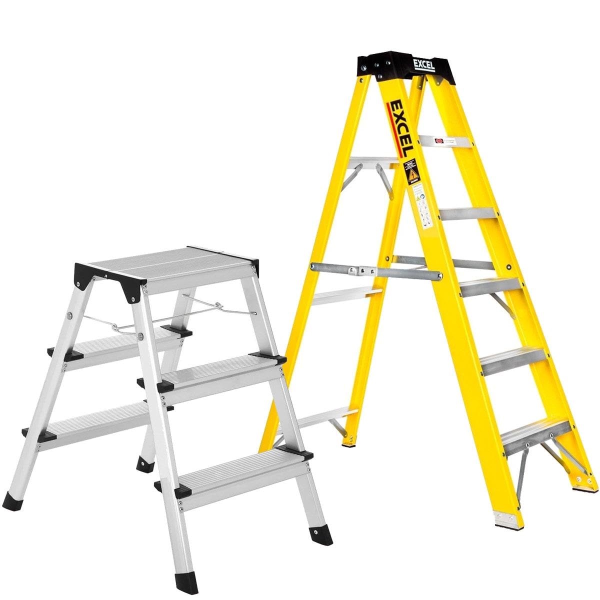 Excel Yellow & Grey Heavy Duty Fibreglass 5 Tread Ladder With 3 Step Hop Up Ladder