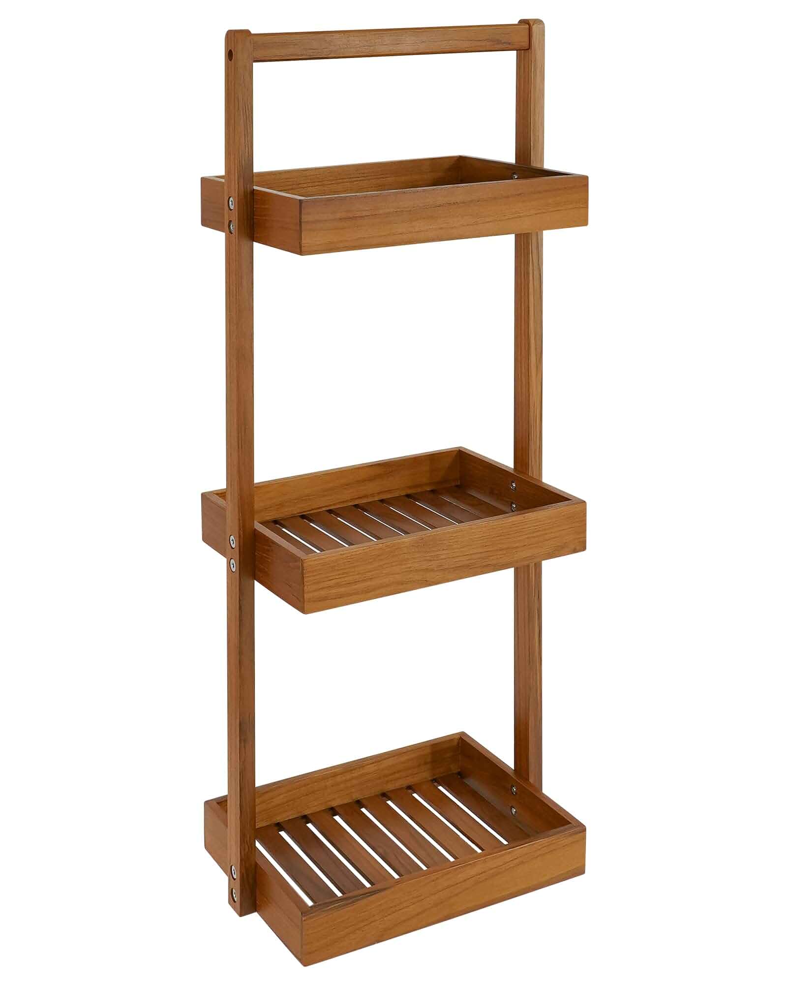 Utoplike Teak Shower Caddy Corner, Standing Organizer Shelf with Handle 3 Tier with Handle, Wood Bathroom Stand Up Caddy Basket for Shampoo, Rack for Inside Shower, Bath, Office, Kitchen Desktop