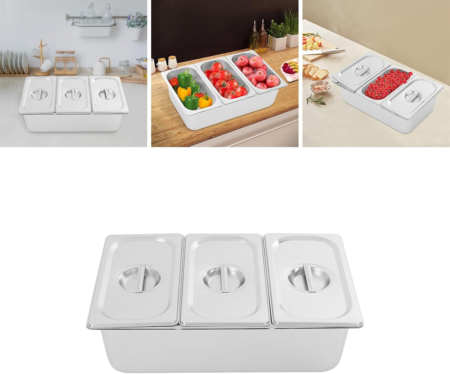 Chilled Condiment Server with Lid, 3-Compartment Stainless Steel Chilled Serving Tray with Lids, Commercial Food Storage Containers for Buffet Restaurant Home, 2 Types of Lids (3-Pan)