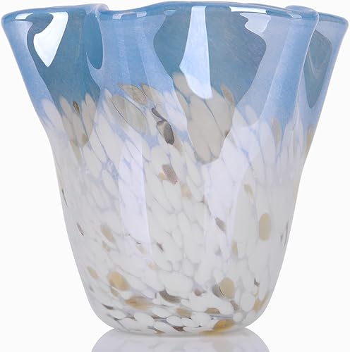 Jarrón de vidrio soplado a mano, jarrón de vidrio único, jarrón de boca ancha de vidrio azul, jarrón de vidrio decorativo para sala de estar,