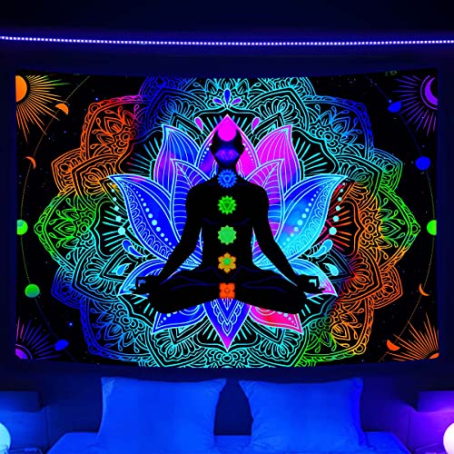 Tapeçaria de sete chakras, luz negra UV reativa meditação e yoga espiritual pôsteres verticais, hipp