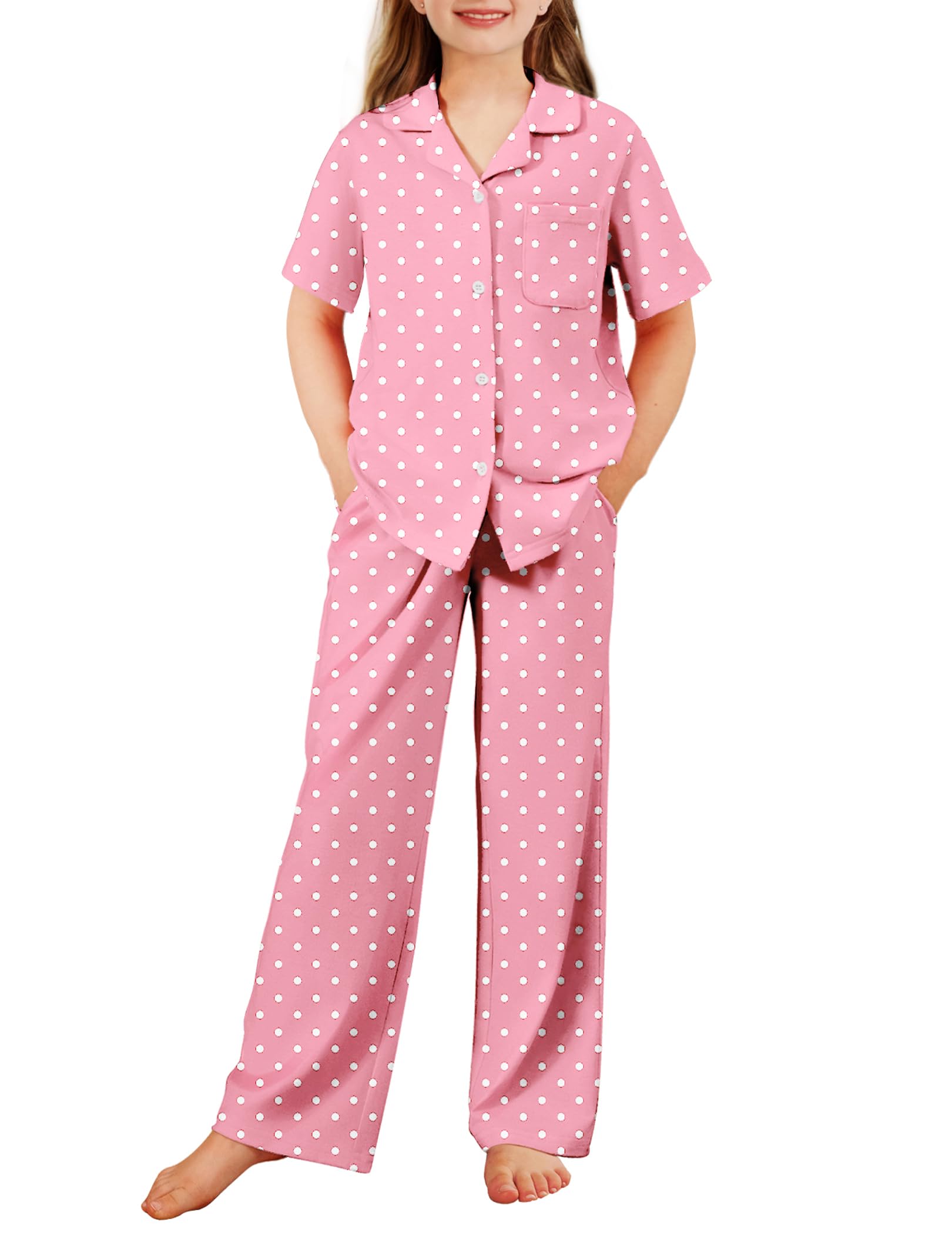 Arshiner Pajamas for Girls Short Sleeve Long Pants Sleepwear Button Pjs Set | Soft & Lightweight & Cozy, Machine Washable, 2Pcs Nightwear for Kids 5-