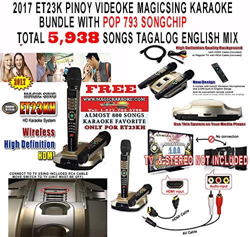 Magic Sing ET23KH 5,145 SONGS BUNDLED WITH POP793 SONG CHIP - TOTAL SONGS 5,938 SONGS TAGALOG ENGLISH SONGS - 2 Wireless Mic HDMI KARAOKE MAGICSING VIDEOKE-ANY QUESTION PLEASE CONTACT SELLER