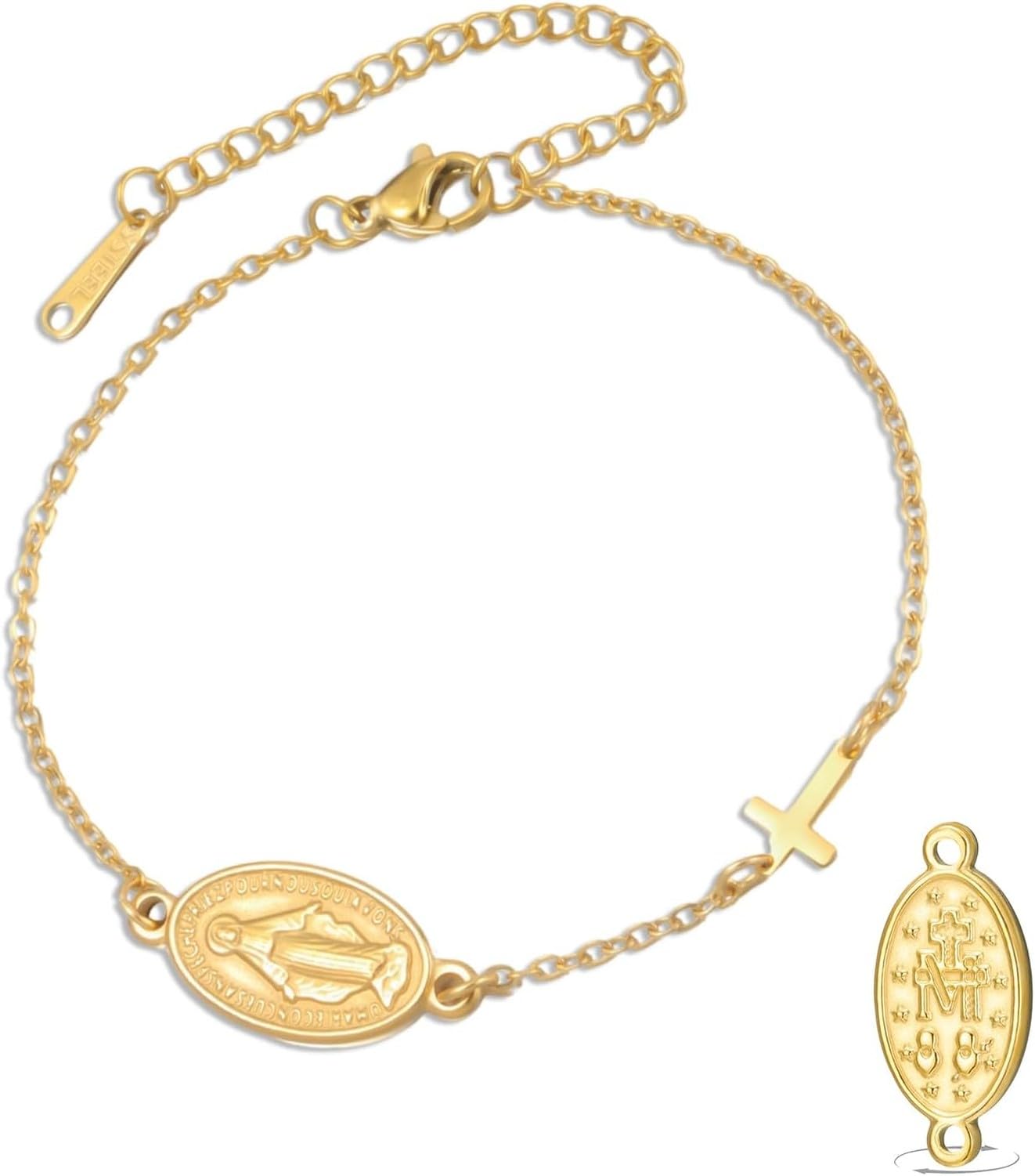 Wuufake Dispositivo portátil: pulsera doble cara con medalla de la Virgen de Guadalupe para hombre, cordón trenzado artesanal, joyería católica cristiana religiosa arte, gold 7