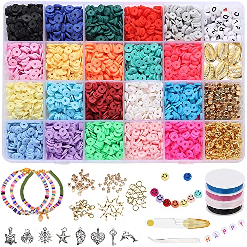 AINEED Bracelet Making Kit, 4400+ Pcs Clay Beads for Jewelry Making, Flat Round Polymer Heishi Beads with Letters, Smiley Beads Charms DIY Preppy for Teen Girl Gifts 8-12 Years Old