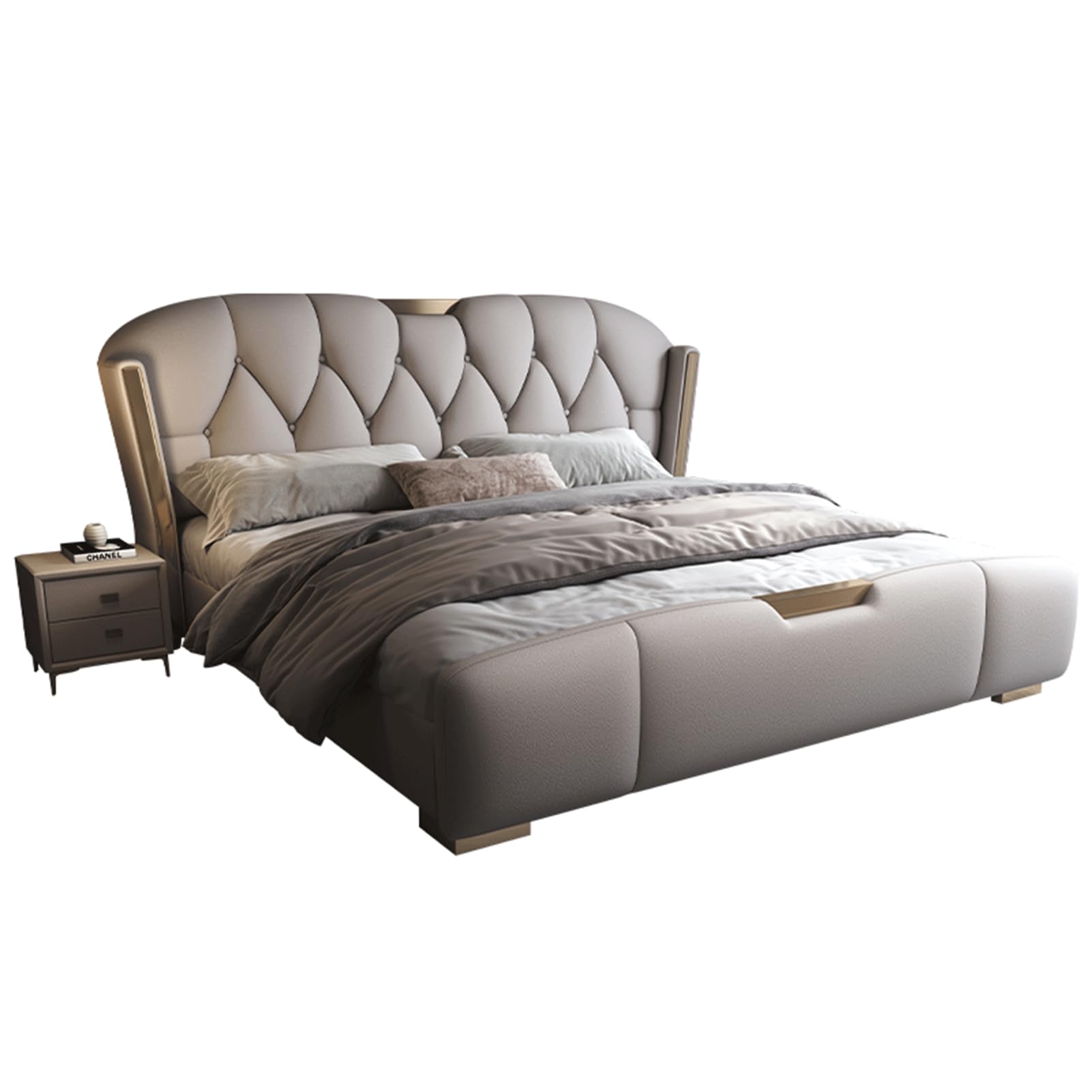Modern King Size Genuine Leather Wood Bed Upholstered Platform Bed Frame with Headboard and Lift Up Storage Strong