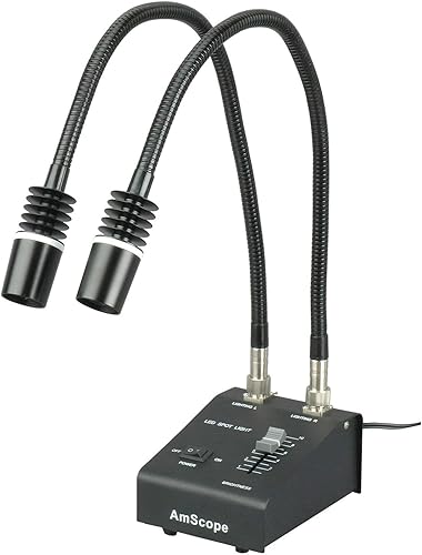 AmScope LED-6W Potente luz LED de 6 W de cuello de cisne dual iluminador y LED-144B-ZK negro 144 piezas de anillo de luz LED ajustable para