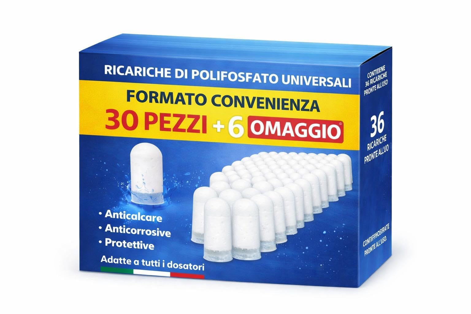 Polifosfati Anticalcare Universali per Dosatore Caldaia | Ricarica di Ricambio per Protezione Elettrodomestici e Impianti | Made in Italy | Set Scorta 36 Pezzi