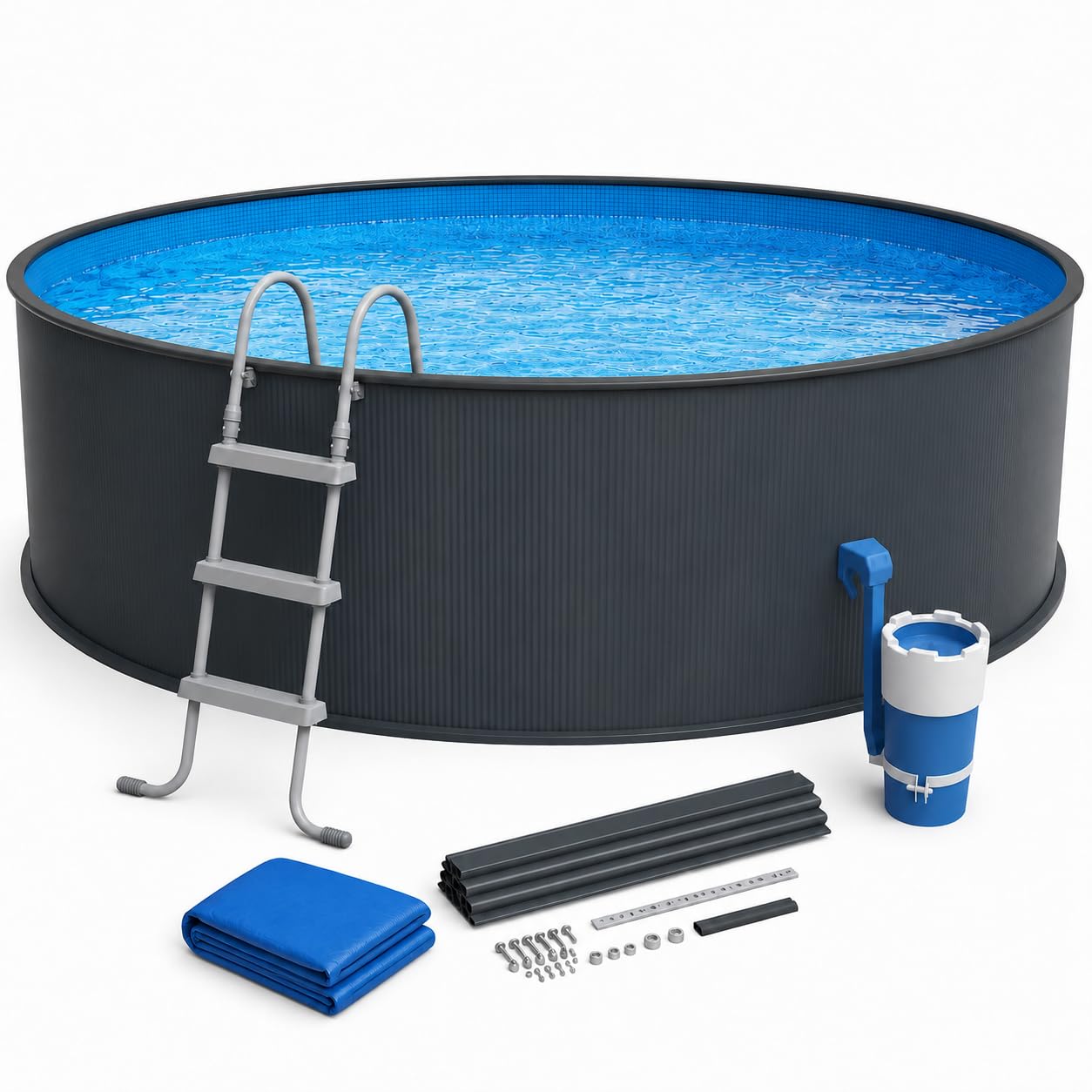 poolomio Stahlwandpool Set rund Ø 450 x 90 cm anthrazit 12.500 l mit Leiter | Komplettset mit Sicherheitsleiter, Kartuschenfilter & PVC-Innenfolie – Made in Europe nach EN 16562-1, einfacher DIY-Aufbau
