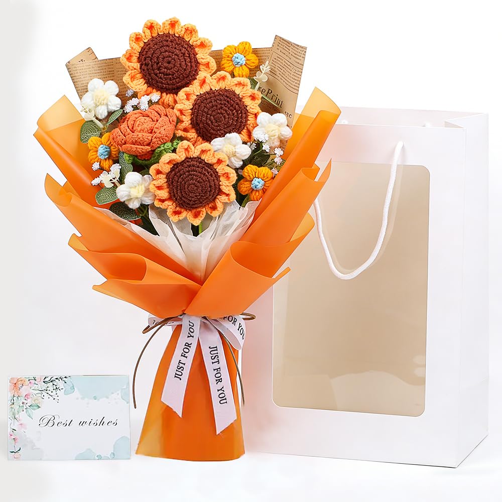 KBIBCK Crochet Flower Bouquet, Knitted Flowers, Knitted Flower Bouquet, Handmade Knitted Flower Arrangement with Gift Bag & Greeting Card for Home Anniversary Wedding Birthday Mother's Day (Orange)