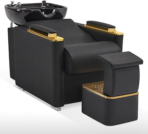 BarberPub Silla de estación de champú de lavado a espalda con cuenco de cerámica de porcelana para lavar el cabello, rompe al vacío, silla