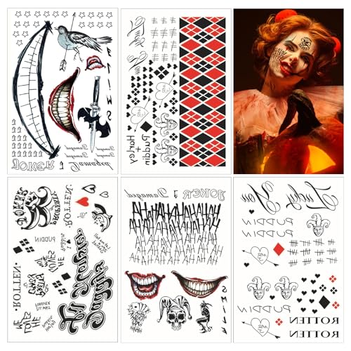 5 Joker Tattoos, Joker Tatuajes Temporales, Tatuajes Joker Cara, Halloween Tatuaje Cara Joker, Halloween Terrible Tatuajes Temporales, para Halloween Carnaval Maquillaje Props Cosplay
