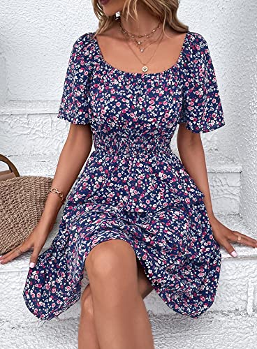 Image of PRETTYGARDEN Women's Summer Floral Ruffle Short Dress | Short Sleeve Square Neck, Flowy Tiered Hem, Fit and Flare, Flower Boho Dresses, Cute Beach Vacation Outfits, Fashion Clothing