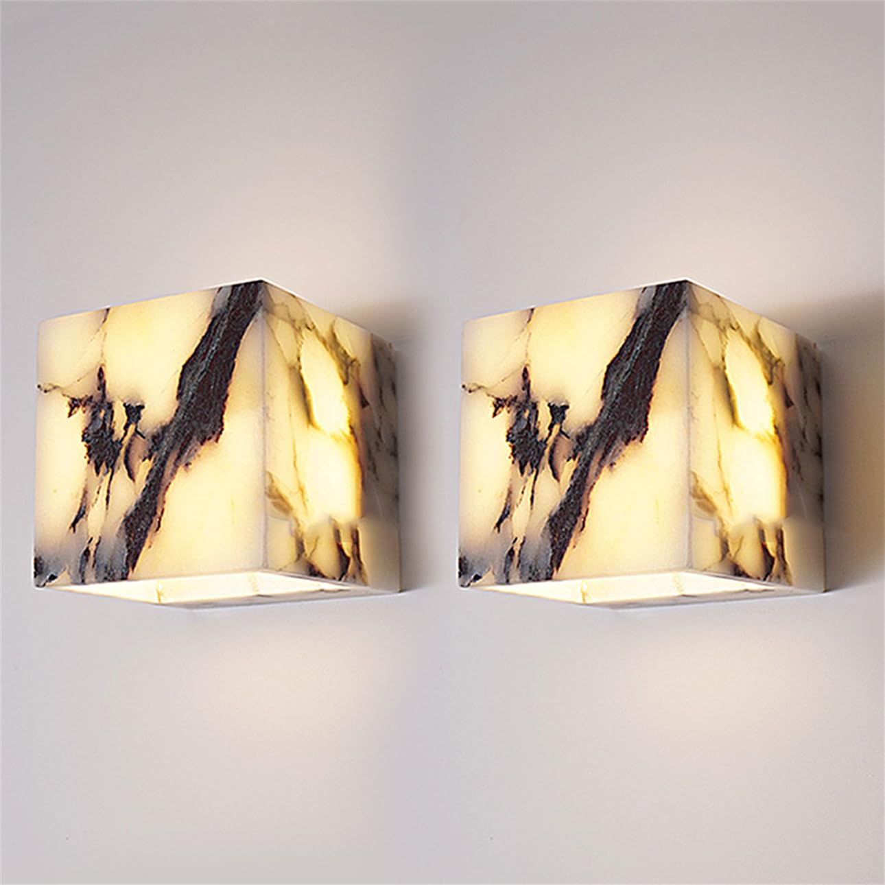 OZBMA Mid Century Natural Alabaster Textures Wall Sconces Set of 2 Bathroom 4000K Warm Light LED Mounted Lamp Square Sconce Lighting for Living Room Stairs Hallway Vanity