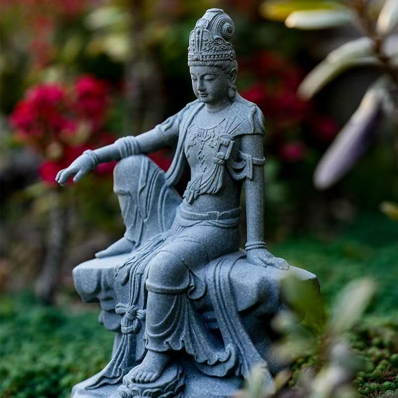 Estatua buda Guanyin de piedra arenisca para acuario miniatura 6