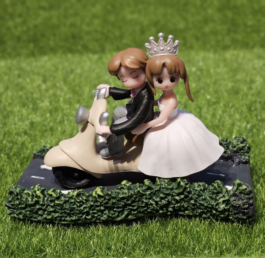 Image of Vintage Decorative Miniature Couple on Scooter Figurine, PVC Garden Ornament, Romantic Home Decor Collection Piece