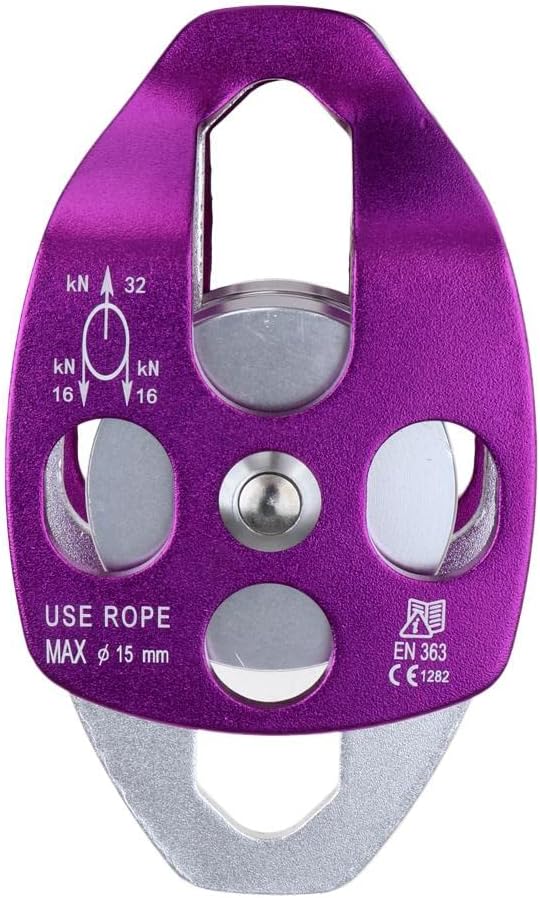 32KN Heavy Duty Climbing Pulley Dual Sheave Ball Bearing Arborist Tool for 15mm Rope Rigging Mountaineering, CE Certified, Weight &, for Tree Working and Rock Climbing - Purple