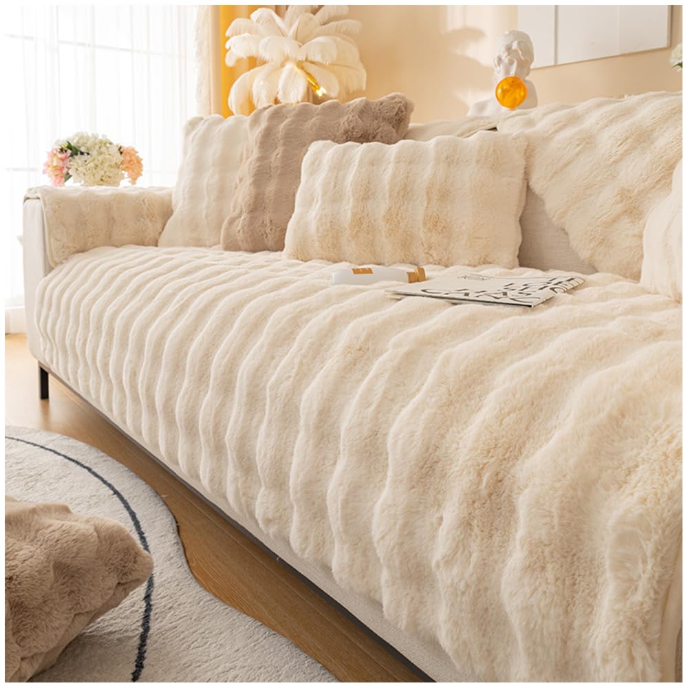HggzegThick Rabbit Plush Sofa Cover, Non-Slip Sofa Cushion Super Soft Faux Fur Decorative Throw Pillow Cover, Fuzzy Couch Cushion Covers for Living Room Sofa Bedroom (Beige,Sofa Cushion 70 * 180 cm)