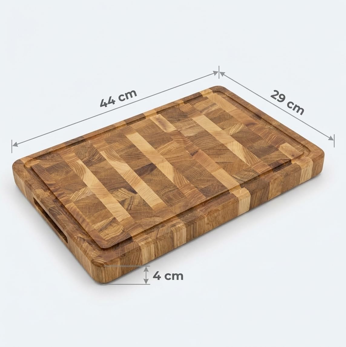 Massives Stirnholz Schneidebrett aus Eiche 44x29x4 cm – Extra Dickes Hackbrett mit Saftrille, Profi Küchenbrett für Fleisch, Holz Schneidebrett