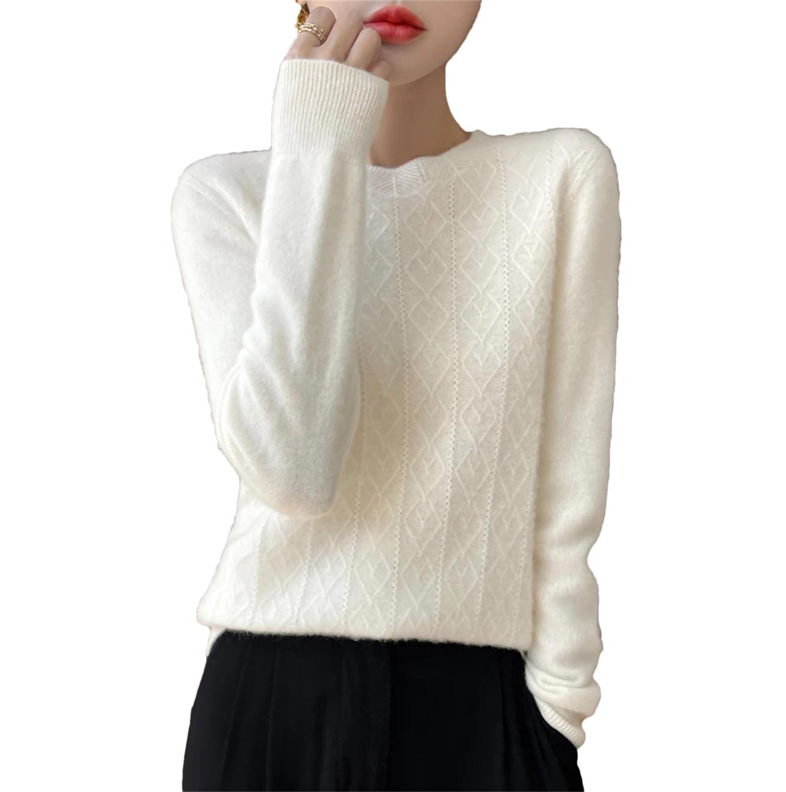 Womens O-Neck Sweater 100 Percent Merino Wool Cashmere Pullover Long Sleeve Winter Basic Knit Top