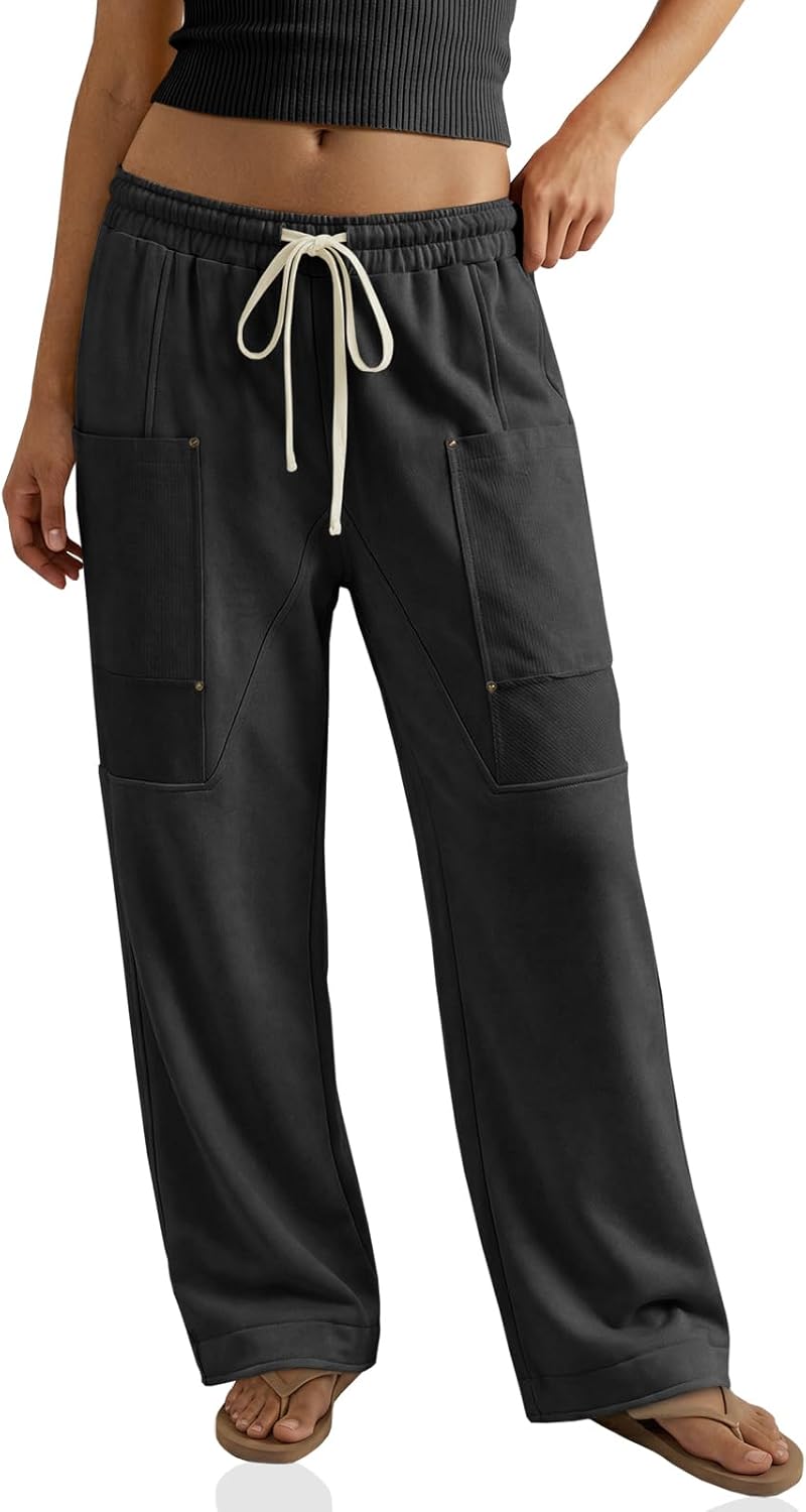 Aoysky Womens Wide Leg Sweat Pants Casual Elastic Waist Drawstring Hiking Workout Cargo Pants Loose Fit