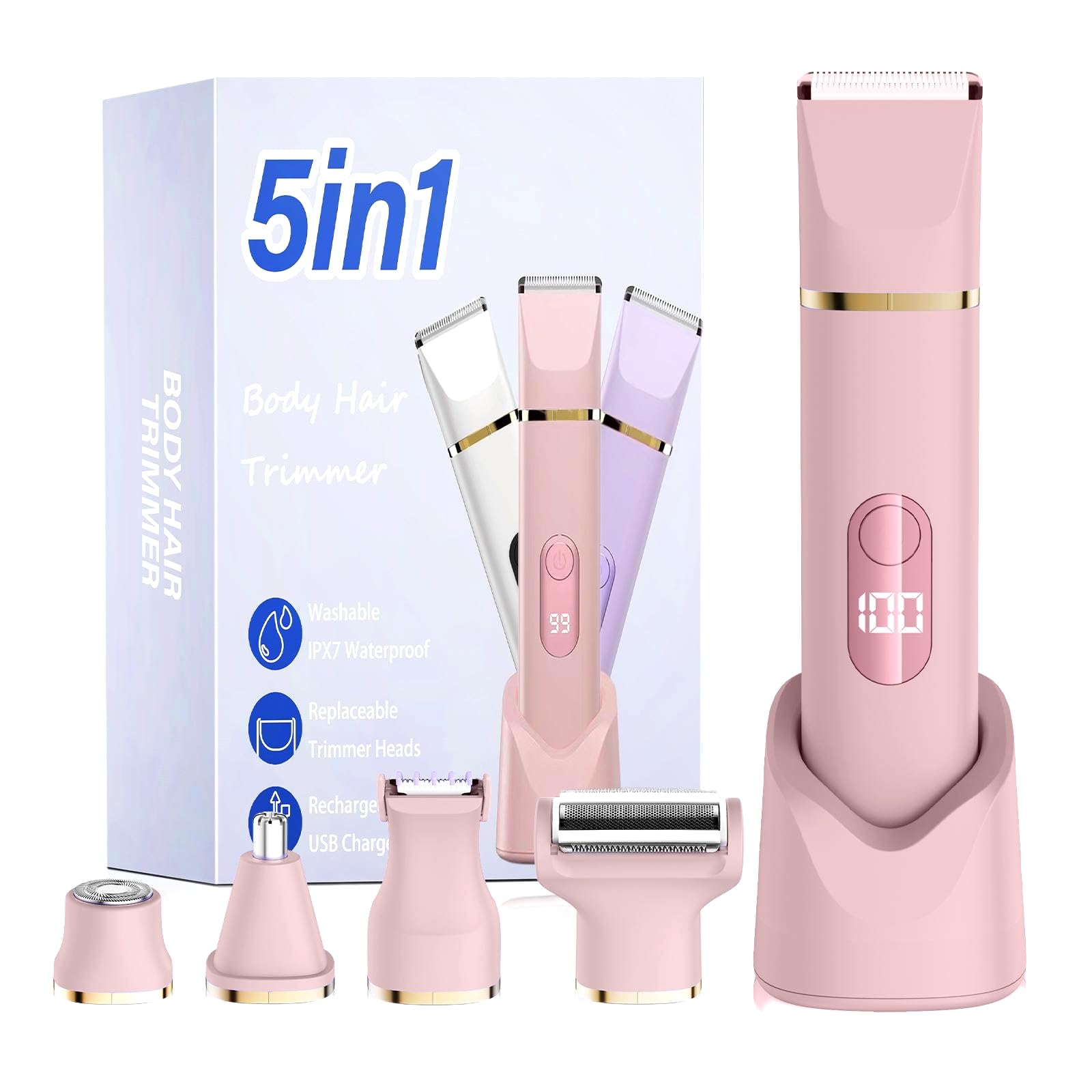 Syntelusa レディースシェーバー ボディシェーバー 女性 5in1 VIO 乾湿両用 電動シェーバー ムダ毛処理 全身使用 ムダ毛処理 脱毛 カミソリ IPX7防水 軽量110g コンパクト 長時間駆動 USB充電式 男女兼用 痛くない プレゼント (ピンク)