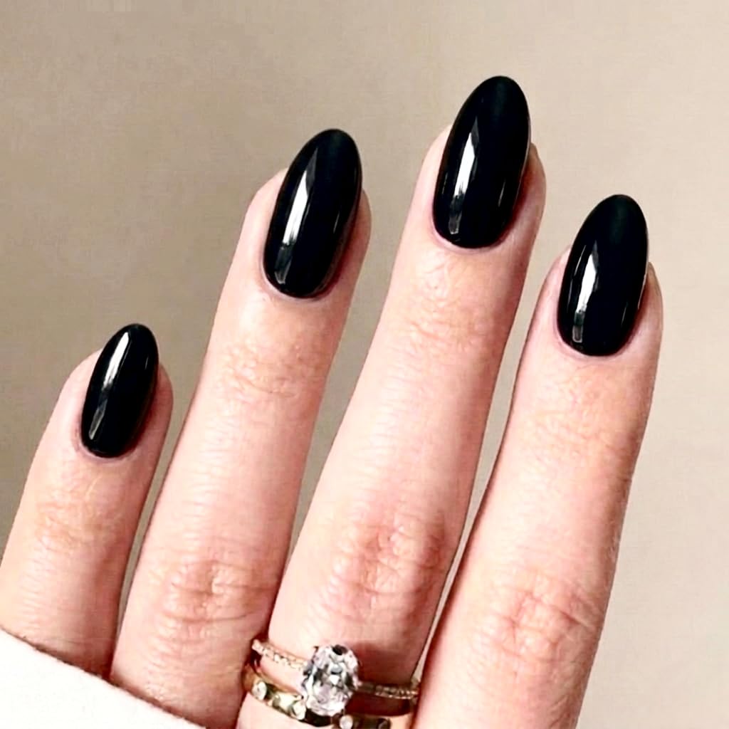 Nailsview Black Glossy Almond Shape Press-on Artificial Nails, Medium Length, Solid Colour, Reusable Nail Tips Set pack of 12 nails with nails applying kit-image-22
