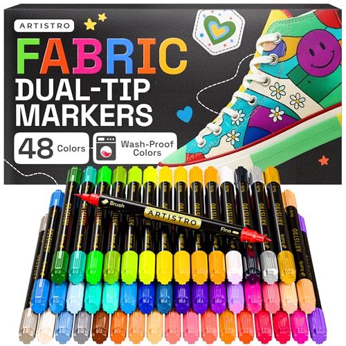 ARTISTRO 48 Dual-Tip Fabric Markers - Fabric Decorating Kit - Permanent for Clothes - Acrylic Paint Pens for Sneakers, Bags, Shoes, Textile, Canvas, Sewing, Craft, DIY - Brush and Fine Tip