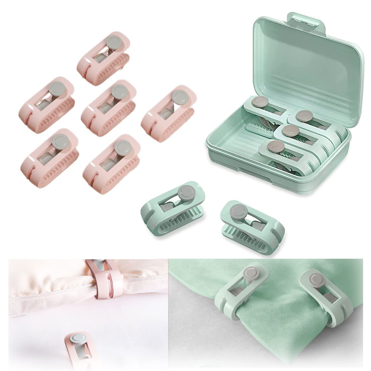 SYOSI Duvet Cover Clips, 12 pcs No Pins Quilt Fixer Clip, Plastic Duvet Cover Clip, Non-Slip Comforter Fasteners Grippers, Anti-Movement Bed Quilt Clamps, Sheet Clips Clamp Without Needle (Green+Pink)