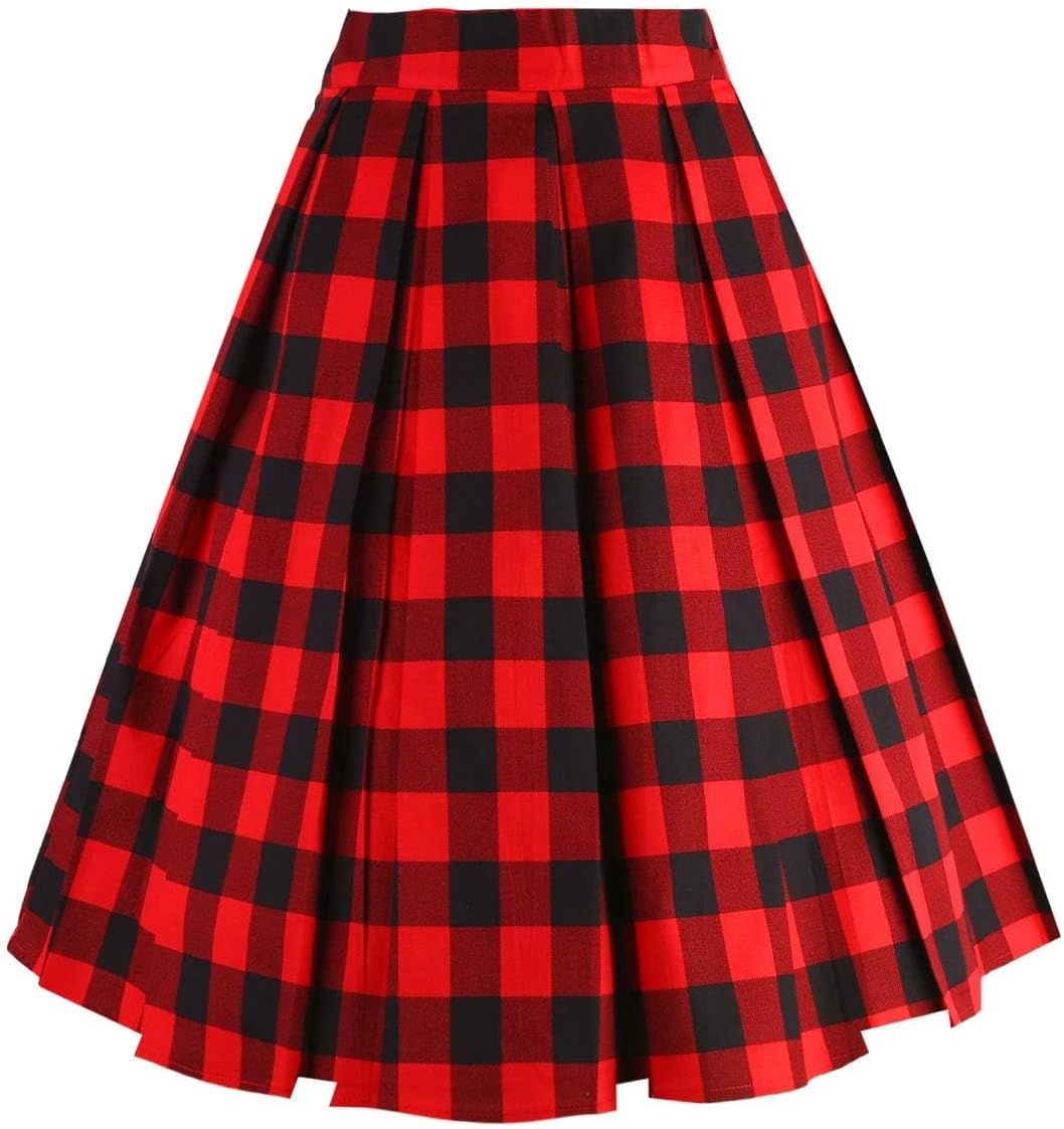 Dresstore Vintage Pleated Skirt Floral A-line Printed Midi Skirts with Pockets