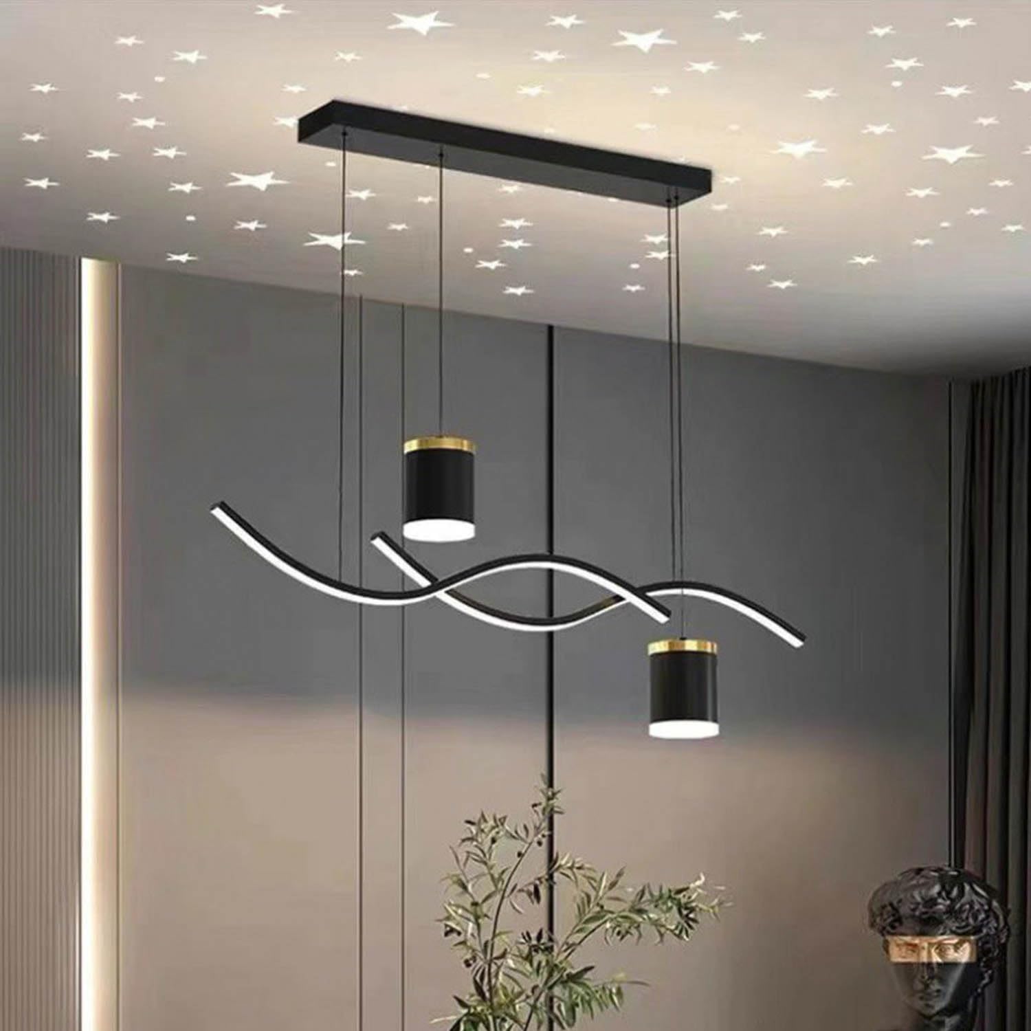 Aleaty Modern LED Pendant Lamp Dining Table Pendant Lamp 68W Starry Sky Converged Chandelier Dimmable Pendant Lamp with Remote Control Dining Room Lamp 90cm Height Adjustable (Black)