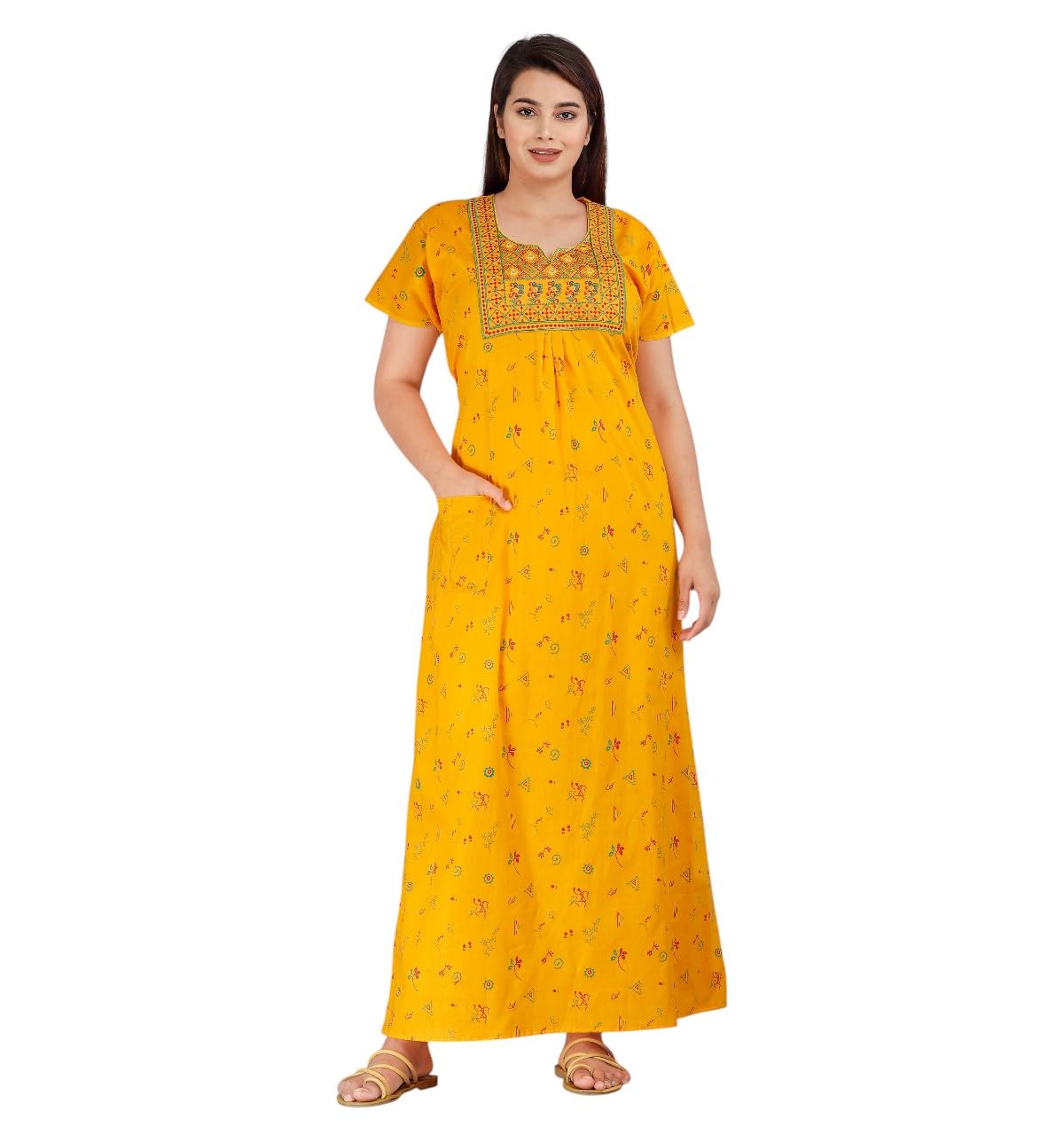 Pure Cotton Embroidery Nighty for Women, Jaipuri Print Maxi Nightdress with Pocket, Maxi Sleepwear Night Gown-picture-25