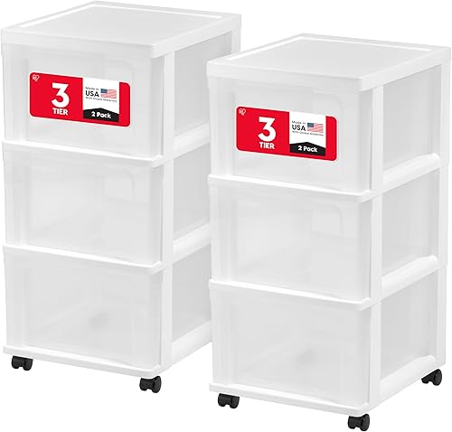 IRIS USA Organizador de almacenamiento de plástico con 3 cajones, carrito rodante, con ruedas giratorias, paquete de 2, para suministros de arte