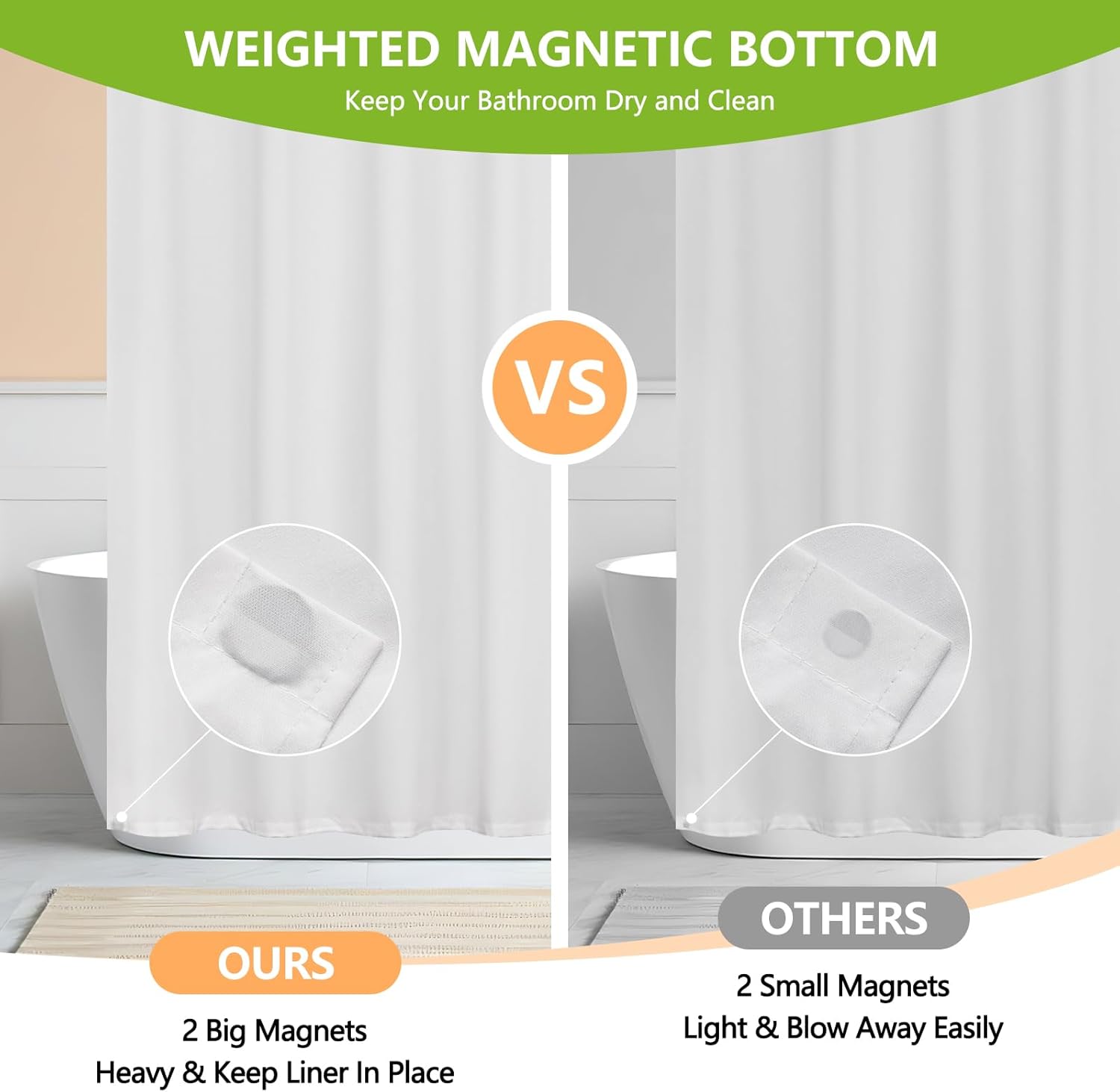Seenus Waterproof Soft Microfiber Shower Curtain TPU Backed Lightweight, 72 x 108 Inch Extra Long White Shower Curtain Liner with Magnets, 2 in 1 Hotel Quality Ceiling to Floor Shower Curtain Washable