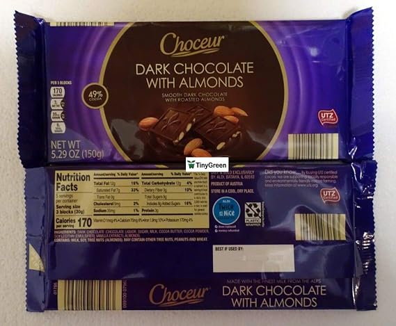Choceur Dark Chocolate with Almonds Smooth Dark Chocolate with Roasted Almonds 49% Cocoa 5.29oz 150g