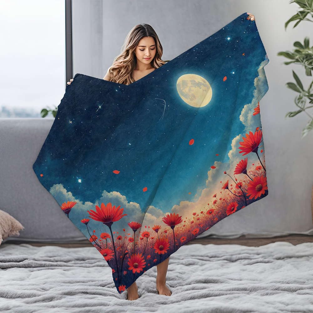 Couverture flanelle lit imprimé poétique lune et étoiles pour nuits douces