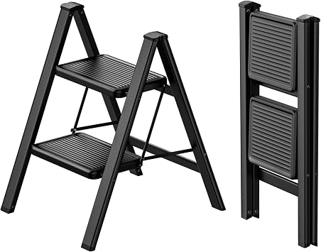 Step Ladder 2 Step Folding Step Stool Lightweight Step Stools W/Wide Anti-Slip Pedal 330lbs Capacity Decorative Small Portable Step Ladder for Kitchen Home Office Black