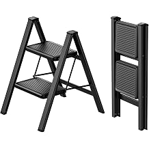 Step Ladder 2 Step Folding Step Stool Lightweight Step Stools W/Wide Anti-Slip Pedal 330lbs Capacity Decorative Small Portable Step Ladder for Kitchen Home Office Black